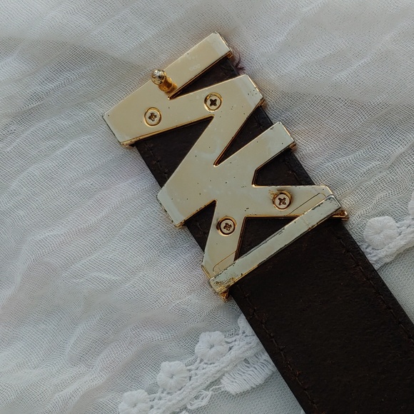 Michael Kors Brown Leather Belt with Gold Tone MK Buckle size XL - Picture 7 of 13
